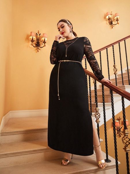 

plus contrast lace slit hem dress without chain p9v6#, Black