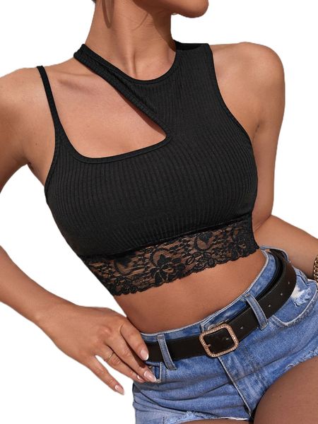 

asymmetrical shoulder lace hem rib-knit crop w8tr#, White