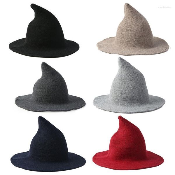 Cappelli a tesa larga Donna Inverno Caldo Lana sintetica Lavorata a maglia Cappello da strega di Halloween Tinta unita Cosplay Party Wizard Berretto a punta largo Davi22