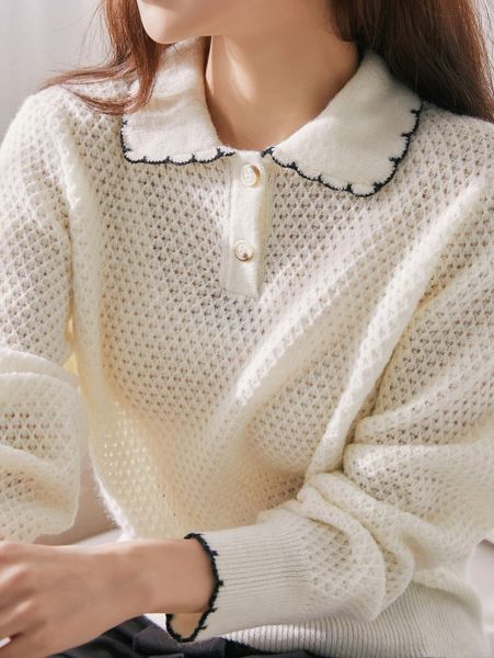 

dazy-less contrast trim polo neck sweater q2ai#, White;black