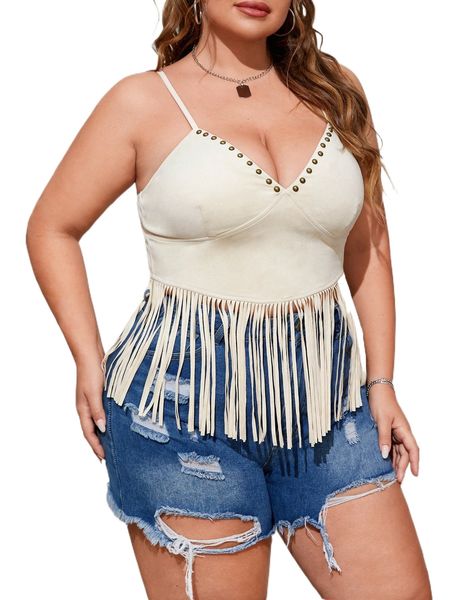 

plus studded detail fringe hem crop suede cami z0k5#, Black