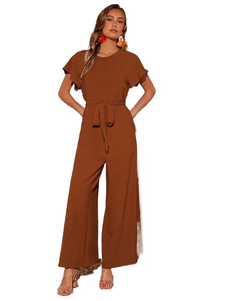 

butterfly sleeve belted wide leg jumpsuit z7b5#, Black;white