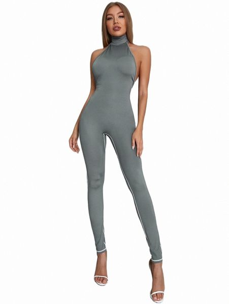 

high neck backless stitching unitard halter jumpsuit n5a3#, Black;white