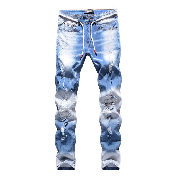 

men's jeans street trendy male spring light blue three-dimensional cat beard knee hole high elastic slim fit jeans