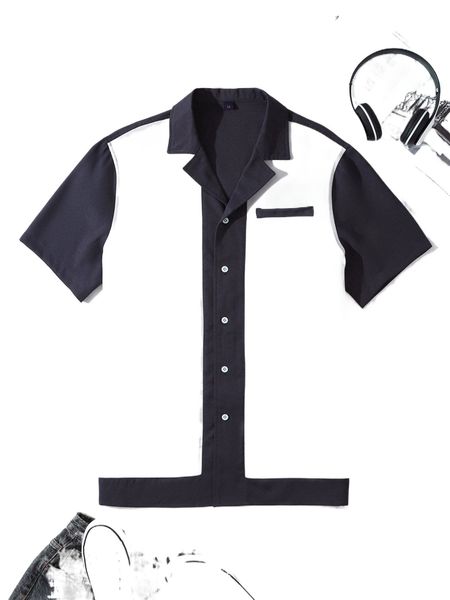 

men color block decor pocket shirt i5c5#, White;black