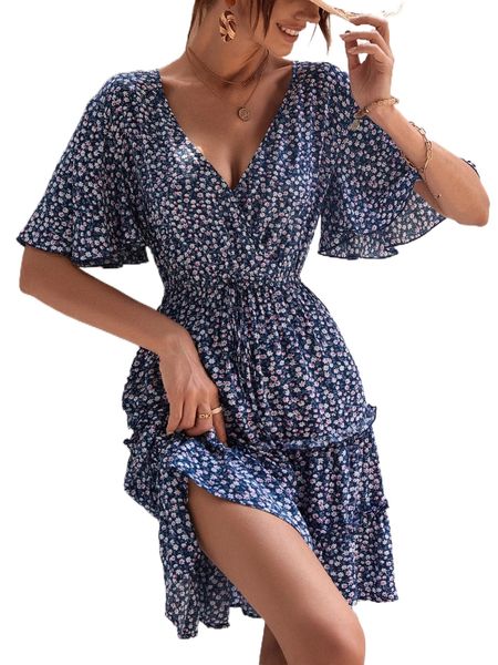 

ditsy floral flutter sleeve tie front ruffle hem dress n7jg#, Black;gray