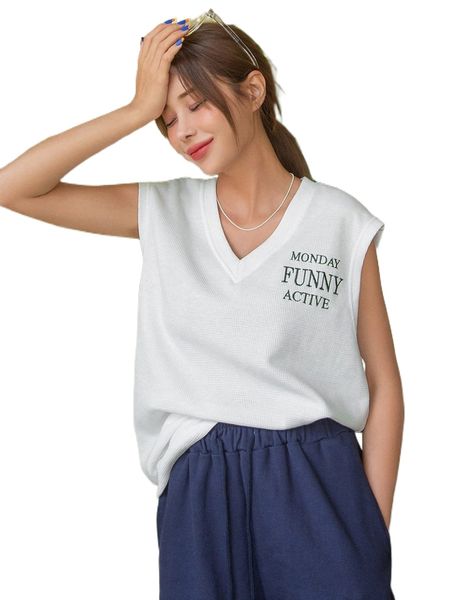 

dazy letter embroidered waffle knit tank e75a#, White