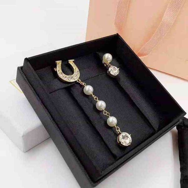 

fine jewellery ornament charm earring new u-shaped pearl diamond inlaid long and short earrings brass earrings 925 silver needle, Golden