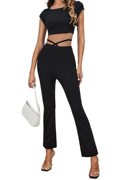 

solid crop & crisscross waist flare leg pants o8mm#, White
