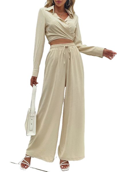 

wrap tie back blouse & drawstring waist wide leg pants r86e#, White