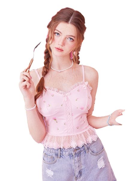 

romwe floral print lace trim cami 79ge#, White