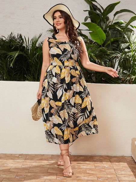 

plus tropical print a-line dress b4hq#, Black