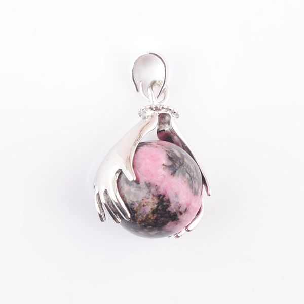 

natural gemstone dangle pendants rhodochrosite stone 16mm round ball beads hands palm reiki chakra healing jewelry dn3152, Silver