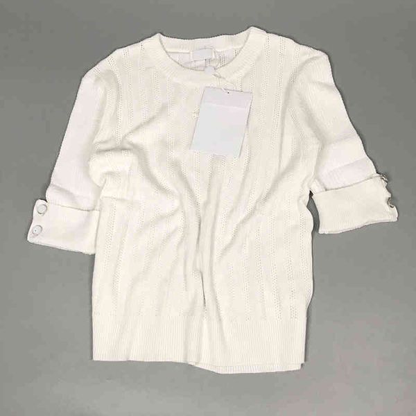

women's t-shirt summer wear short sleeve knitted women's embroidery hollow out small fragrance half button pullover round neck, White