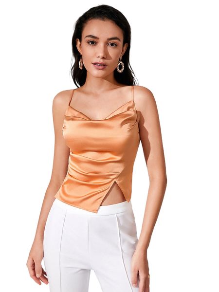 

cowl neck split hem crisscross satin cami q031#, White