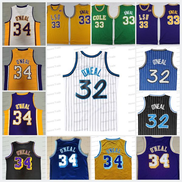 Retro 33 LSU Tigers Jersey 32 Shaq 34 Oneal College Azul Branco Preto Roupas Masculinas de Verão Camisas de Basquetebol Vintage Costuradas Jersey