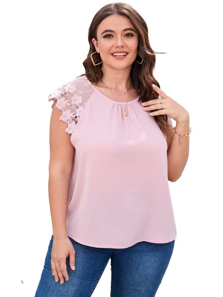 

plus solid contrast lace raglan sleeve blouse 18yh#, Black