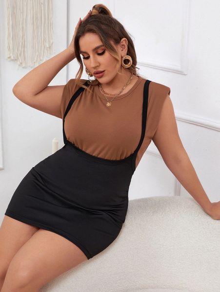 

plus solid suspender dress without k1t0#, Black