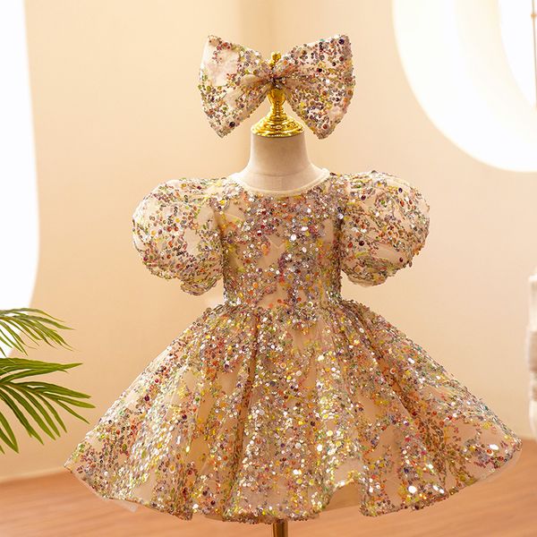 Vestidos de bola de chão de chão de lantejoulas de ouro elegante para adolescentes vestidos de flor de meninas de adolescentes 403