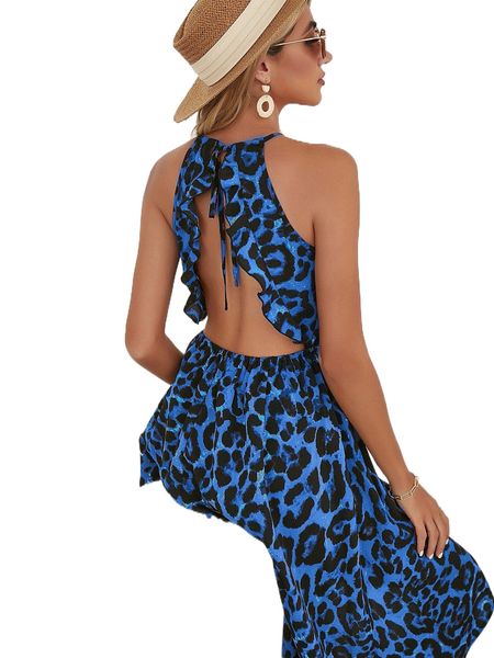 

leopard print ruffle tie backless asymmetrical hem halter dress a52m#, Black;gray