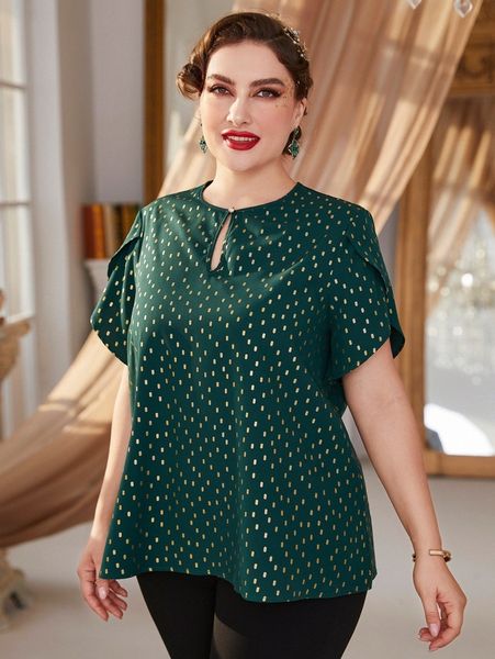 

plus gold geo print petal sleeve keyhole neck blouse l4bu#, Black