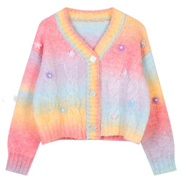 

women's sweaters autumn and winter women's wear v-neck long sleeve short rainbow gradient color stitching loose knit cardigan zqic, White;black