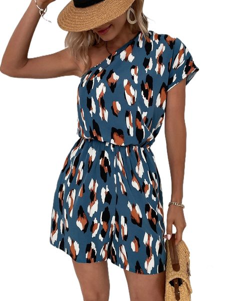 

allover print one shoulder batwing sleeve romper a9dl#, Black;white