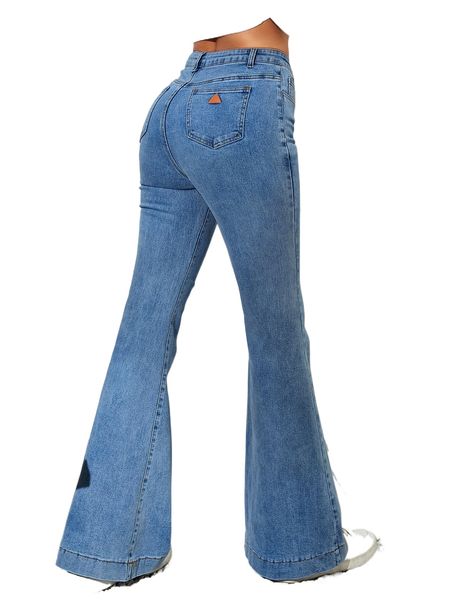 

patch detail flare leg jeans i9sf#, Blue