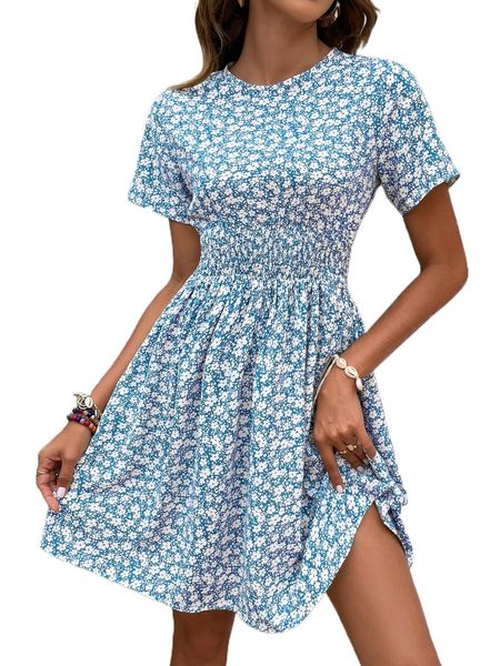 

ditsy floral shirred waist a-line dress y878#, Black;gray