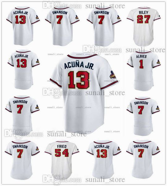 

White 2022 Gold Baseball Jersey Ronald Acuña Jr. 13 Ozzie Albies 1 Dansby Swanson 7 Austin Riley 27 Max Fried 54 Matt Olson 28 Will Smith 51
