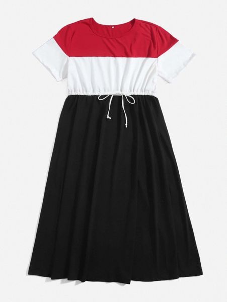 

plus 1pc color block drawstring waist dress f0w3#, Black