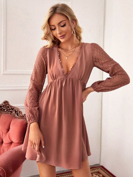 

contrast lace lantern sleeve smock dress y1wj#, Black;gray