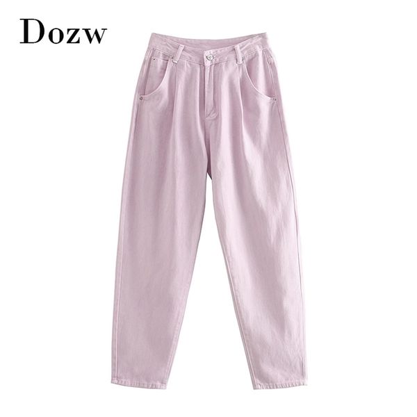 Pantaloni harem a vita alta di colore rosa Pantaloni larghi casual pieghettati da donna Jeans a lunghezza intera in denim Pantalon femminile 210515