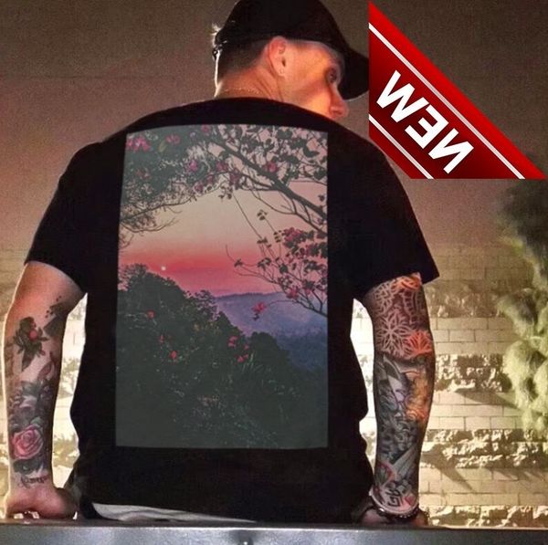 

flower of god double line essentials flower sunset short sleeve printed high street t-shirt casual loose trendy brand, White;black