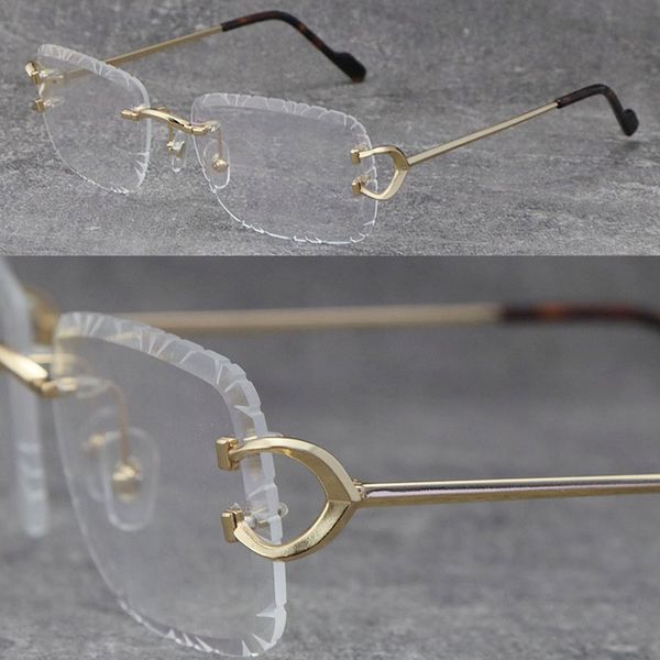 Lentes de corte de diamante de lujo 2022 con monturas de decoración C para mujer, anteojos sin montura de oro de 18 quilates para hombre, gafas cuadradas grandes, modelo de diseño UV400, gafas ópticas para hombre y mujer