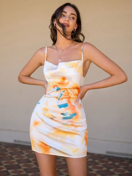 

tie dye print satin cami dress 36qa#, Black;gray