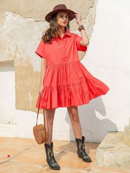 

rusttydustty roll up sleeve button front smock dress 44ag#, Black;gray