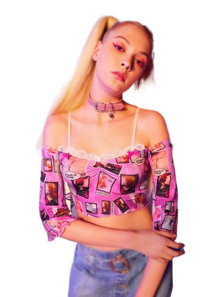 

figure graphic lace trim crop b375#, White