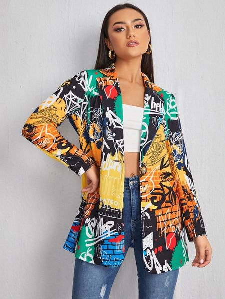 

graffiti print single button blazer z0ct#, White
