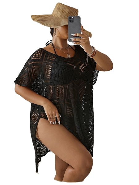 

plus hollow out slit hem cover up without bikini set v6nt#, Black