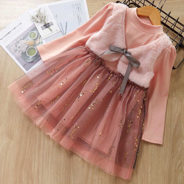 

fashion girls dress winter dresses children clothing princess pink long sleeve wool bow design kids clothes, Red;yellow