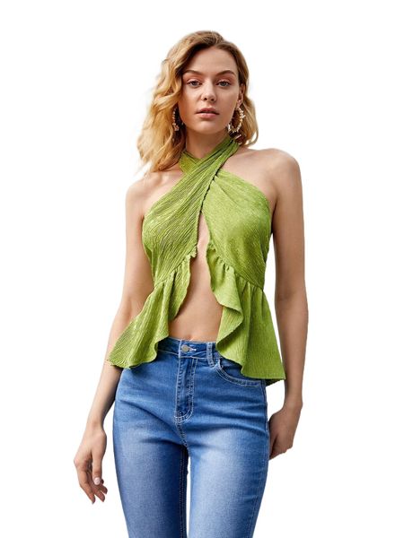 

wrap cross ruffle hem tie backless halter 19a0#, White