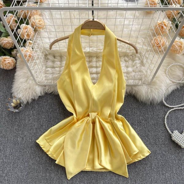 

women's blouses & shirts women 2022 summer temperament halter neck strapless backless satin small shirt lotus leaf hem female d036, White