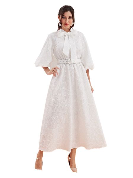 

modely jacquard tie neck lantern sleeve dress without belt t56f#, Black;gray