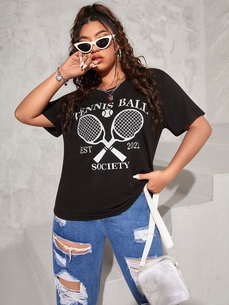 

plus letter & tennis racket print tee p6fq#, Black
