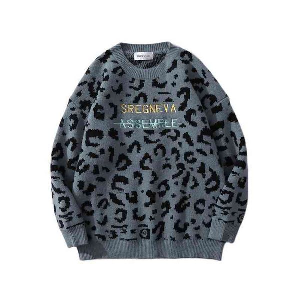 

letter embroidery leopard jacquard oversize men stylish knitted sweater hip hop knitwear casual women pullover gothic clothes t220730, White;black