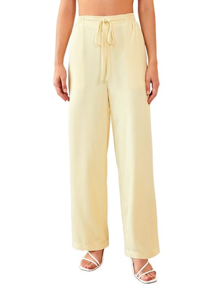 

solid tie front wide leg pants u5mn#, Black;white