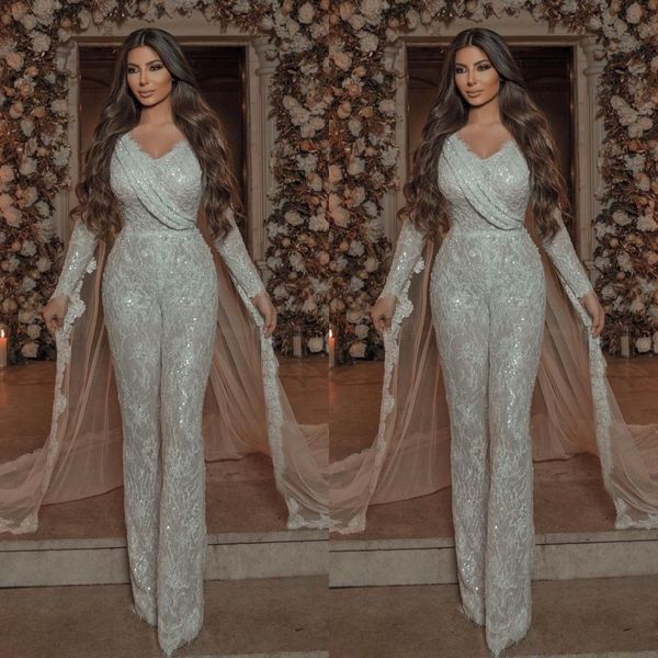 2022 Sparkle Jumpsuit Abiti da sera da sposa per donna Abiti da festa a maniche lunghe in pizzo Abito elegante da ballo da donna con mantello