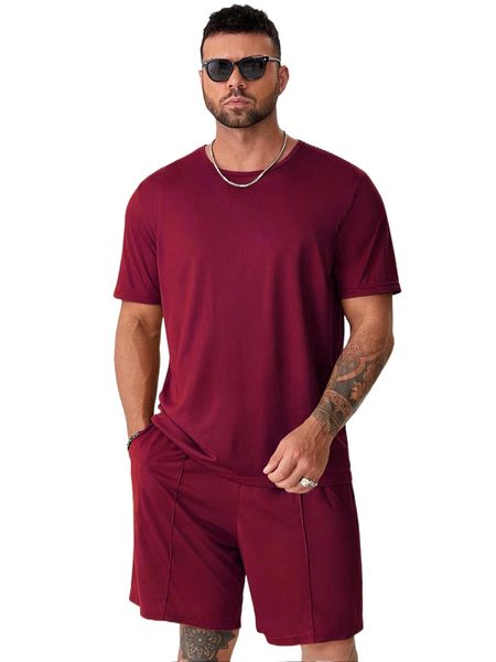 

extended sizes men solid tee & slant pocket shorts i5h2#, Gray