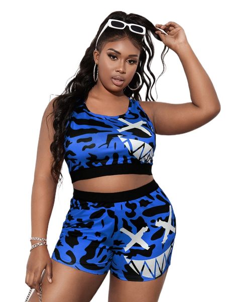 

plus cartoon graphic tank & biker shorts f41b#, Black